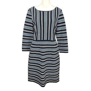 Lands End 12 Textured Knit Sheath Dress Blue Stripe 3/4 Sleeve Pockets